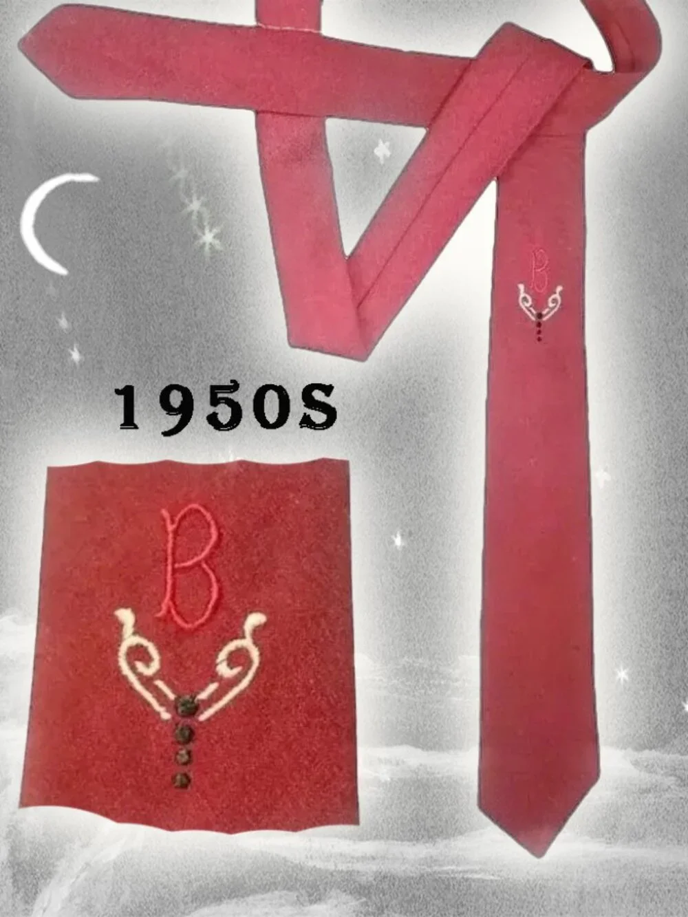 Vintage Monogram Necktie Initial B Tie 1950s Rockabilly Skinny Thin Narrow Slim